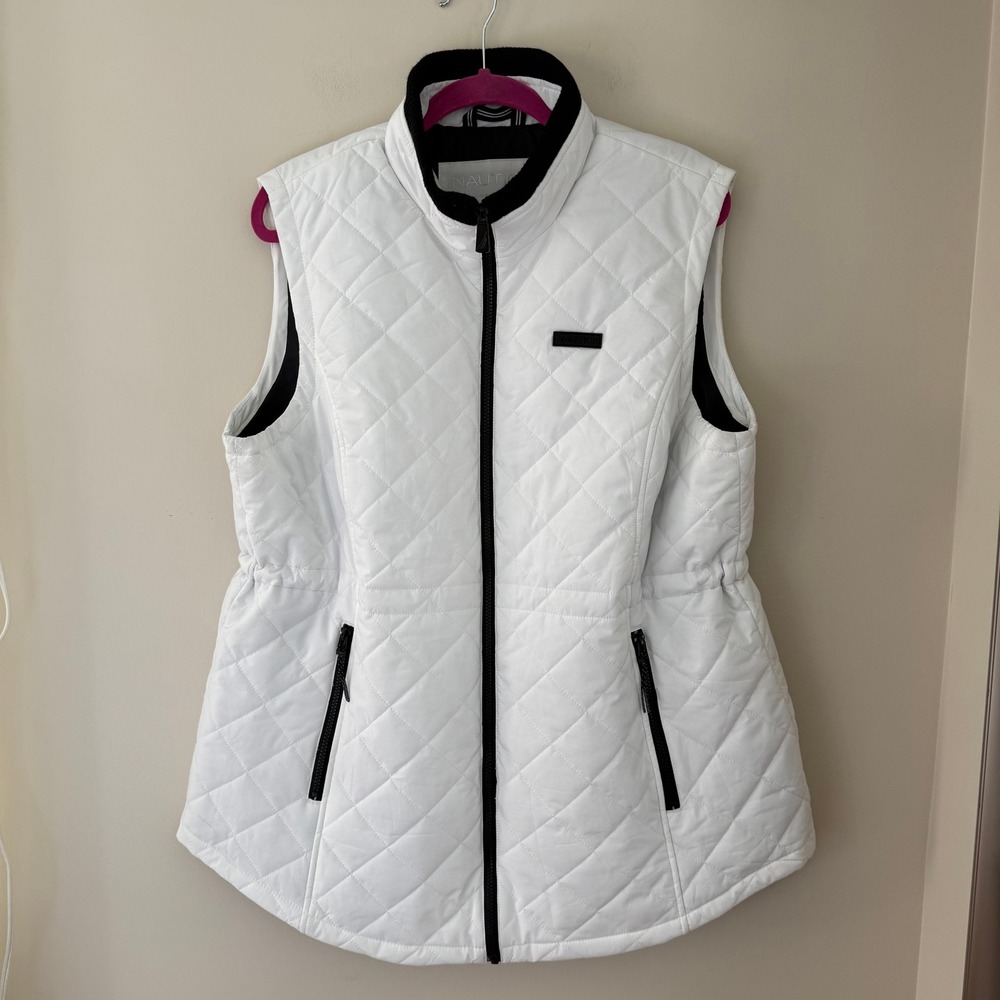 Nautica Womens XXL Quilted Puffer Vest White Black Full Zip‎ Sleeveless Jacket